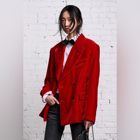R13 DB Peak Lapel Ragged Blazer, Red Velvet - Picture 10 of 17